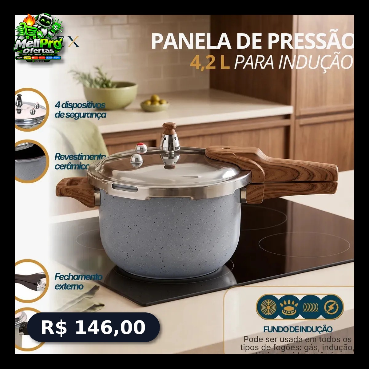 Panela de Pressão Vitrex Ceramic 4.2 L Cinza, com Indução e Antiaderente