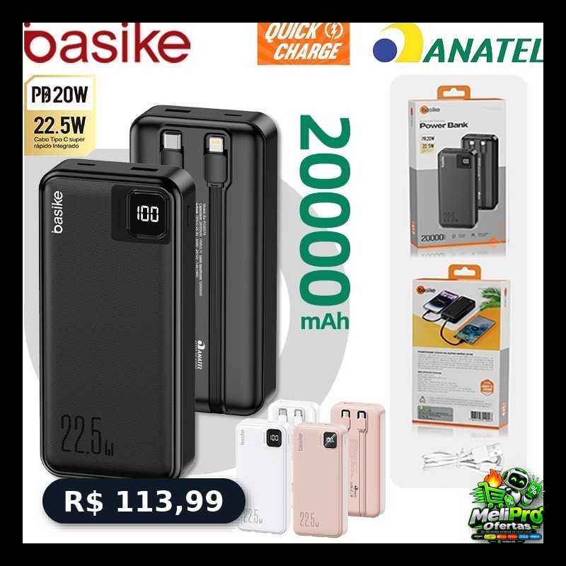 Basike Carregador Portátil Power Bank 20000mAh Bateria Externa