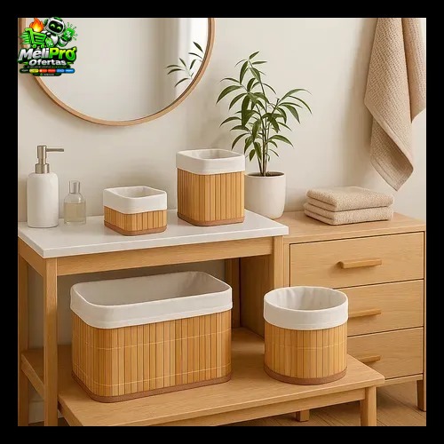 4 Cestos de Bambu Retangular Organizadores com Forro Banheiro Lavanderia Decoração ​Pequeno Grande