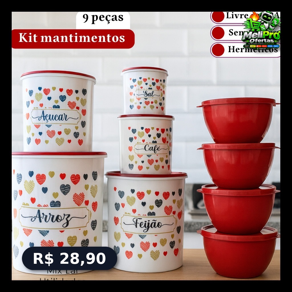 Kit de potes mantimentos 5 peças + 4 potes Boll redondos para cozinha