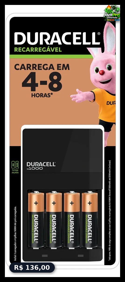 Carregador De Pilhas Recarregáveis Duracell Aa/aaa Com 4 Aa