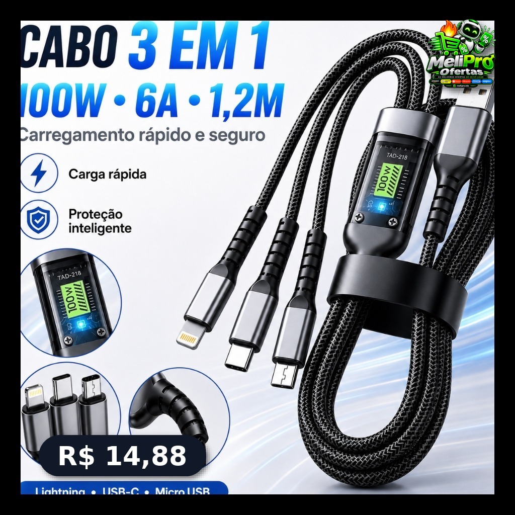 Cabo De Carregador 3 Em 1 100W 6A