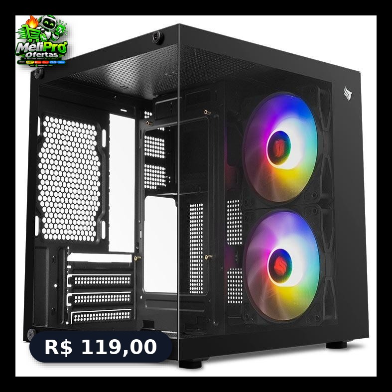 Gabinete Gamer Aquário Pichau Atom X, Mini-Tower, Lateral de Vidro, Com 2 Fans, Preto, PG-ATOMX-BK