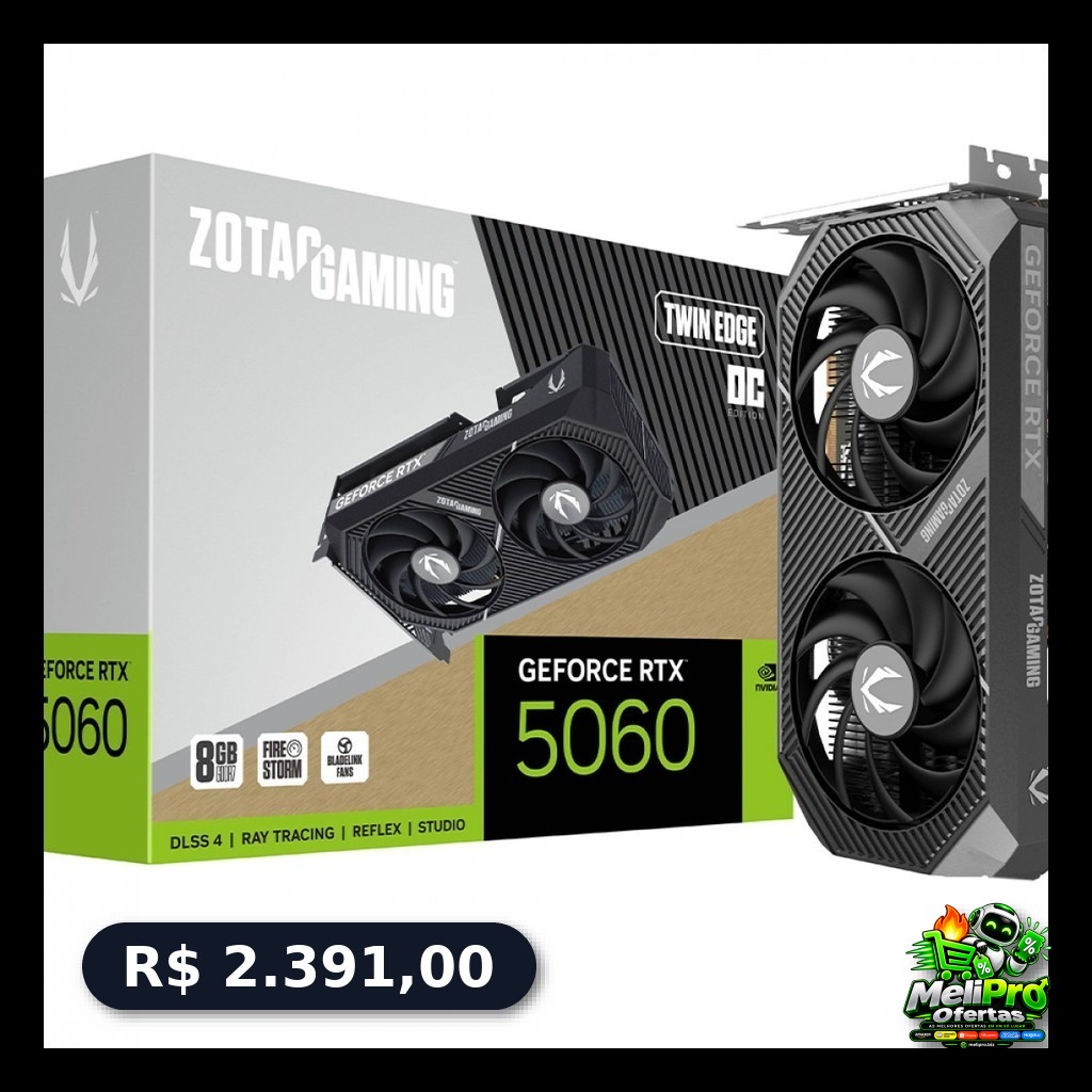 Placa de Vídeo Zotac RTX 5060 Twin Edge OC, 8GB, GDDR7, 128-bit, ZT-B50600H-10M