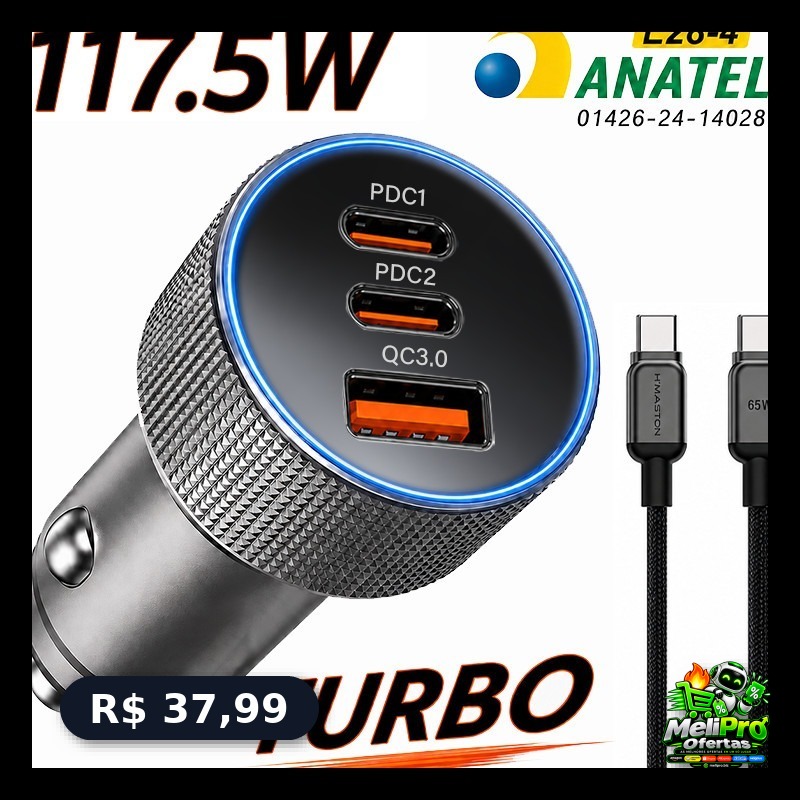 3 PORTES Carregador Celular Veicular Turbo 2 TIPO