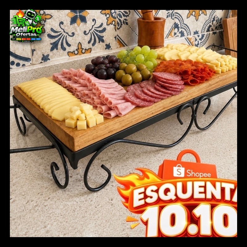 Bandeja Grande rústica de madeira com pés de ferro 40cm x 25cm Cantinho do Café, lavabo, área gourmet - ENVIO IMEDIATO