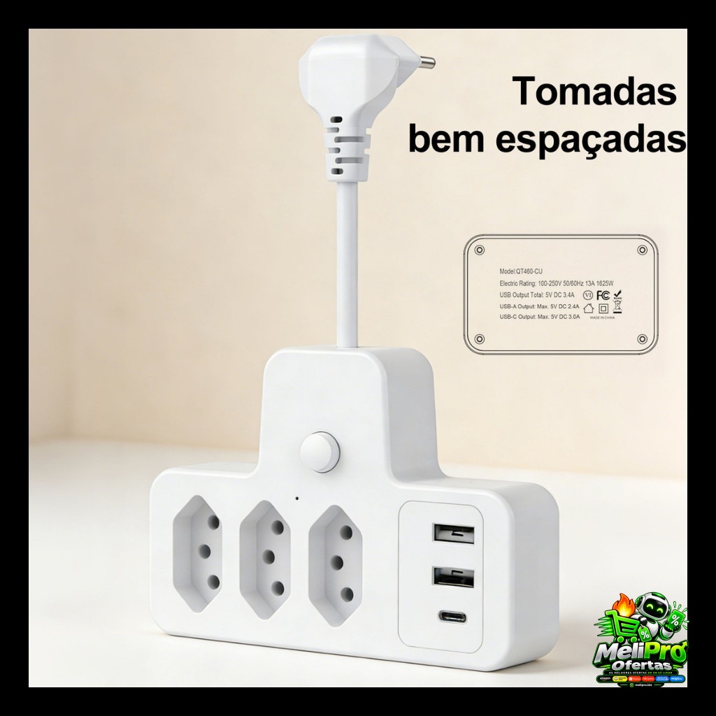 Extensão Elétrica Com Cabo 3 Tomadas Régua 3 USB 1 tipo-c