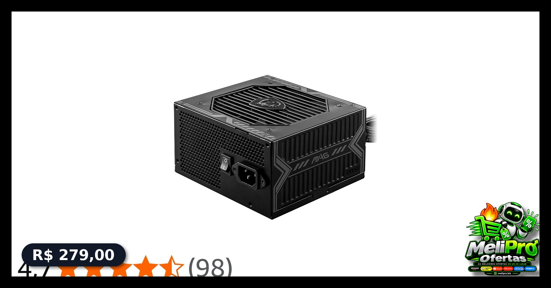 Fonte de Alimentação MSI MAG A650BN, 650W, 80 Plus Bronze, PFC Ativo, Com Cabo, Preto - MAGA650BNL