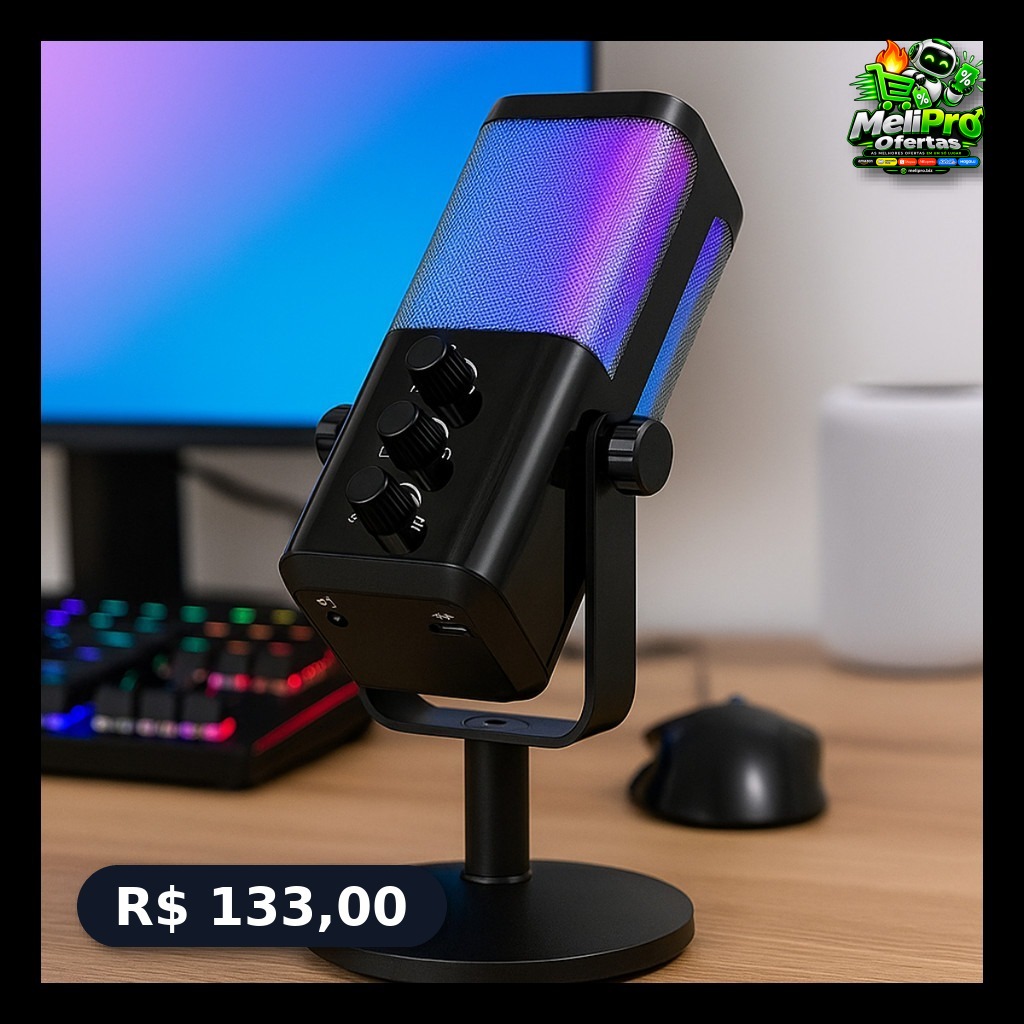 Microfone Gamer RGB Cardioide RGB com Controle de Volume Tipo C P2 MC847
