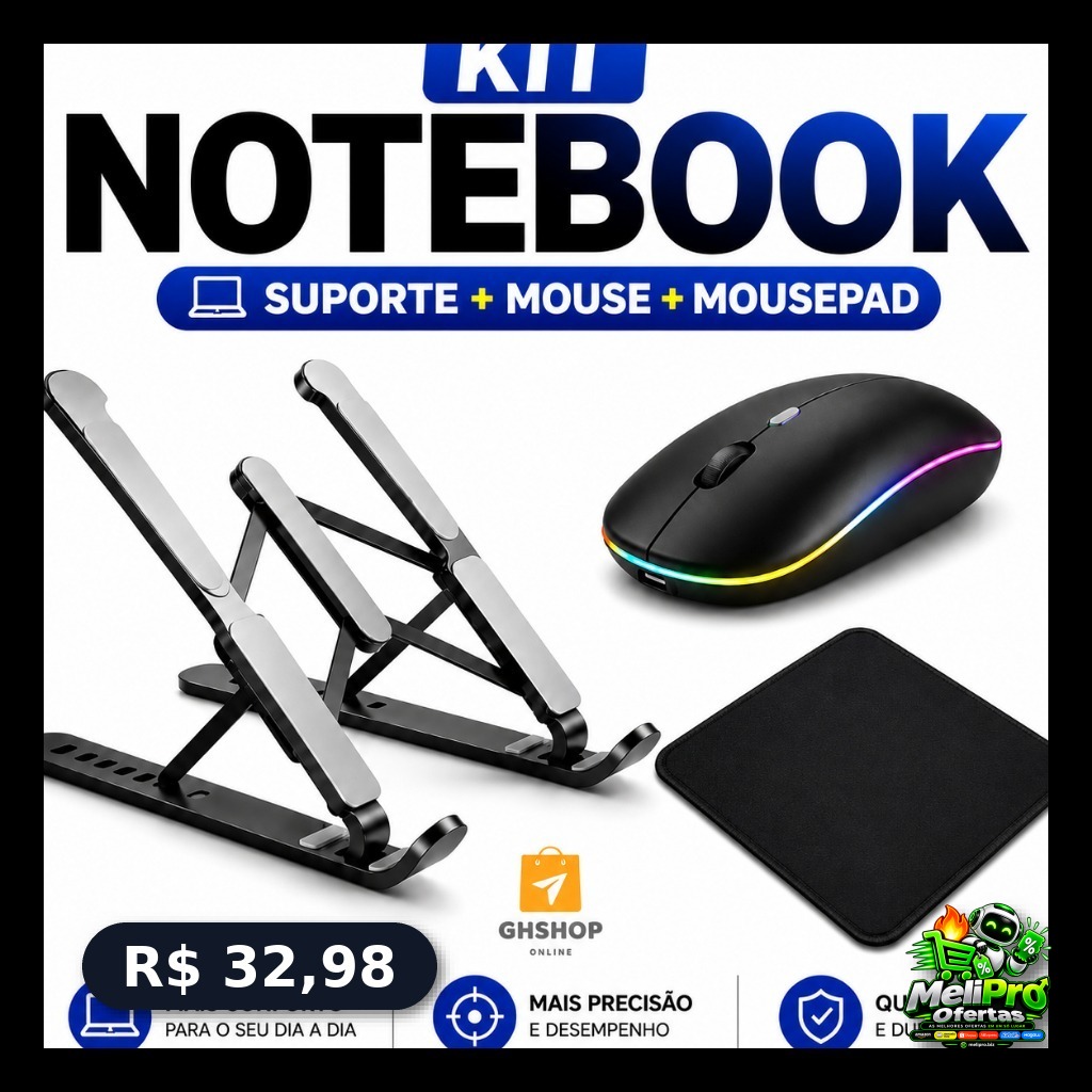 Kit Suporte de Notebook+Mouse Sem Fio+Mouse Pad