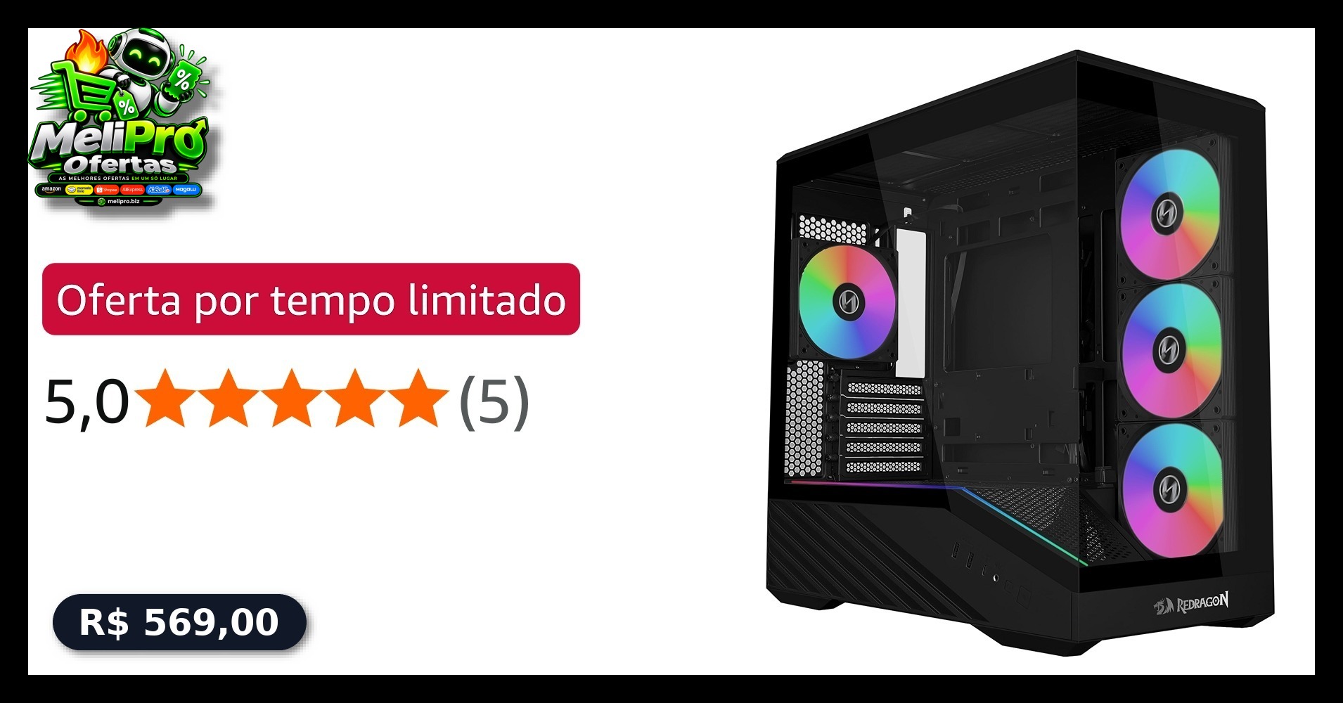 Gabinete Gamer Lian Li Vector V100 Mini Redragon Spec Preto Micro-ATX Com 4 Fans Janela Lateral Vidro Temperado Compatív