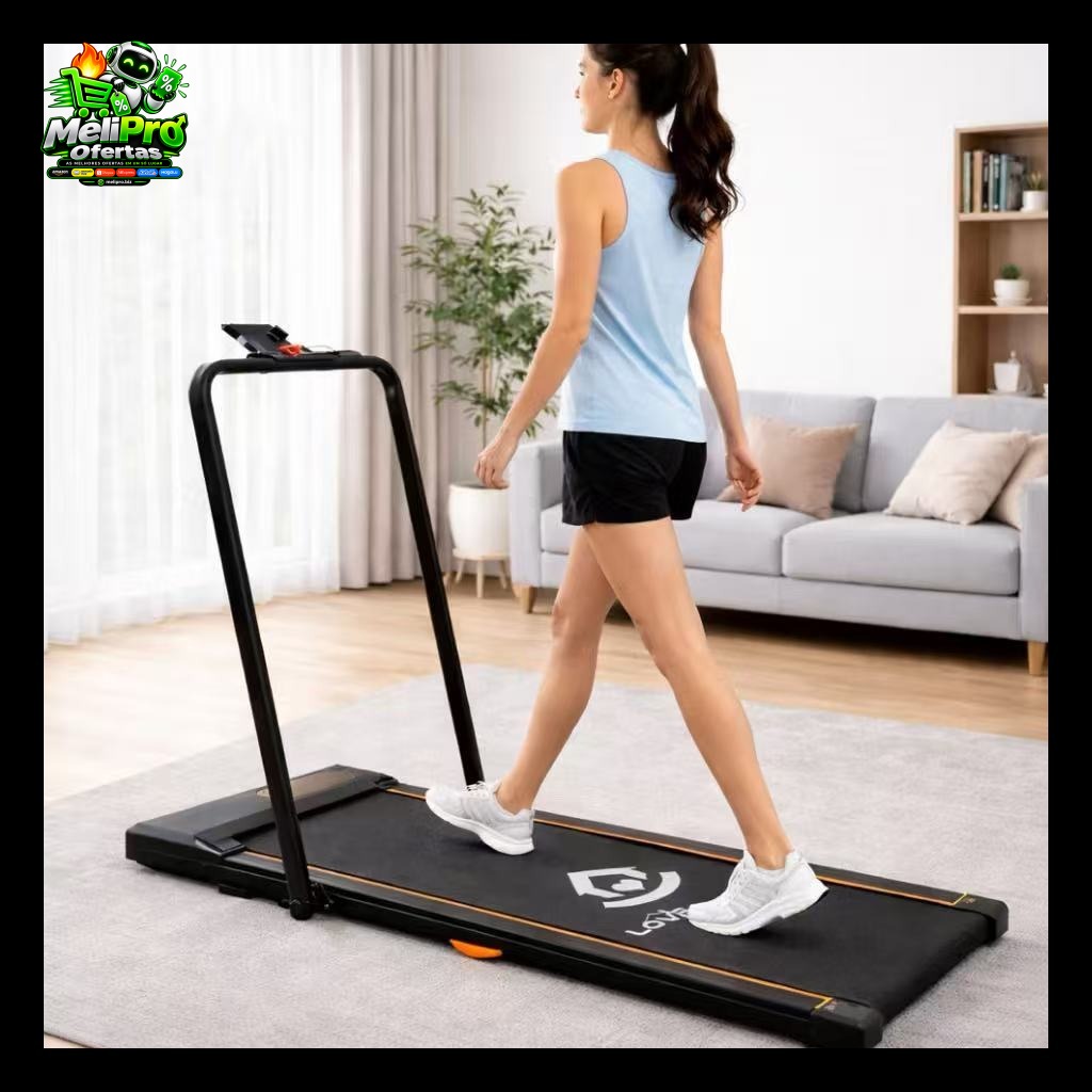 Esteira inteligente dobrável com amortecimento, ajuste remoto de velocidade (1-8 km/h) e capacidade de peso de 100 kg.