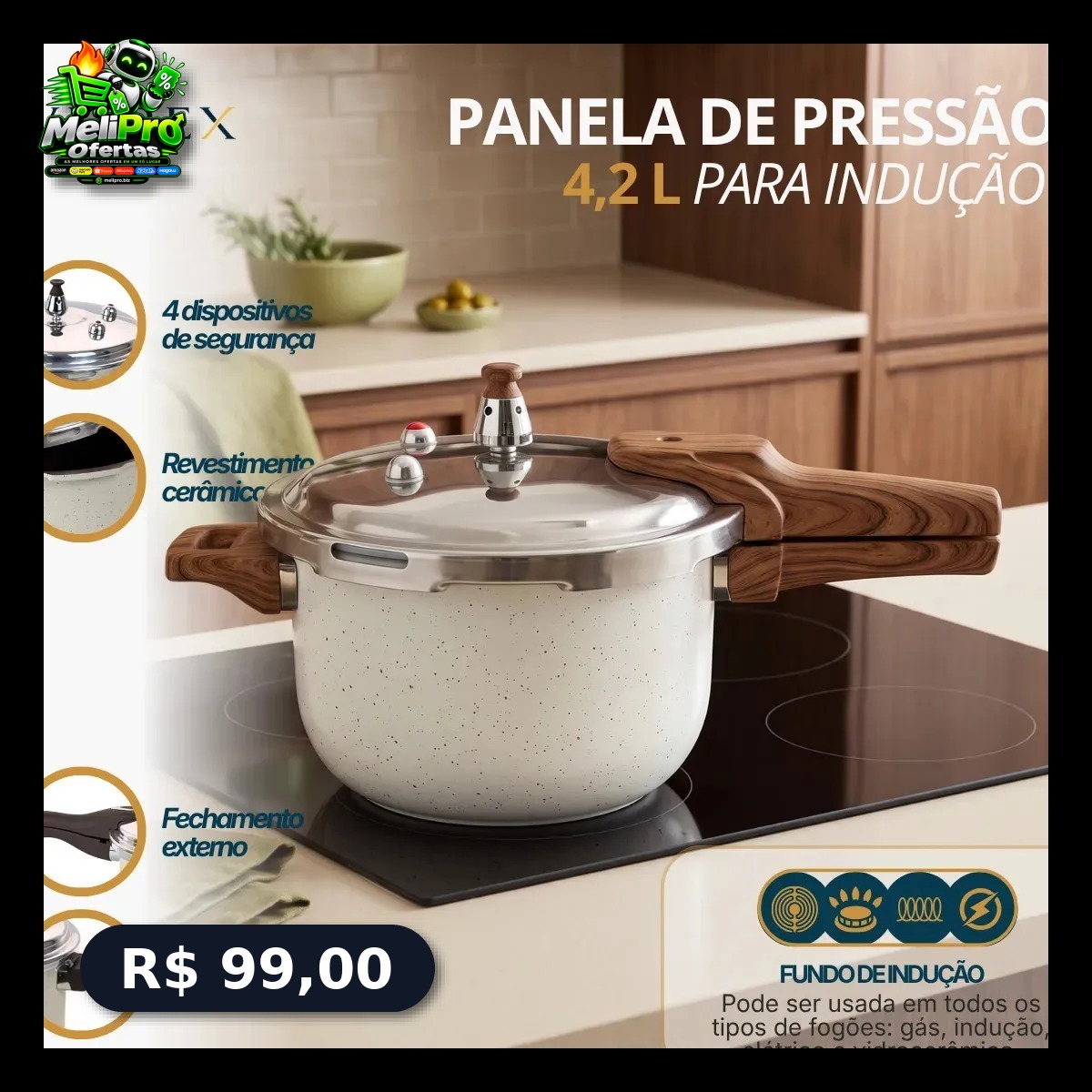 Panela de Pressão Vitrex Moncler 4.2 L Cerâmica e Indução com 4 Válvulas