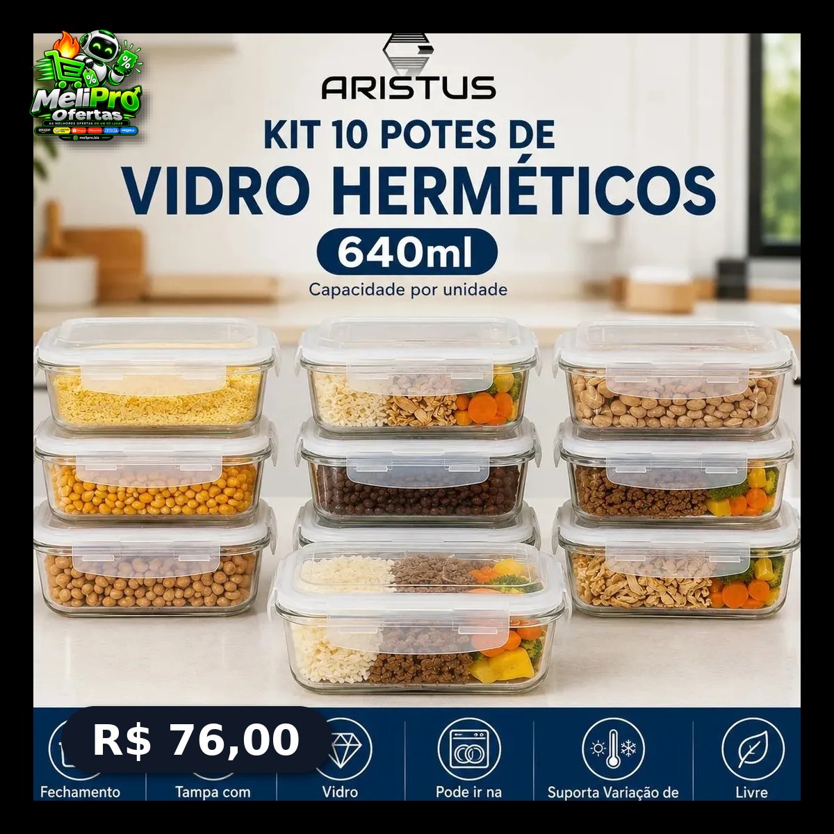 Kit 10 Potes Vidro 640ml Hermético