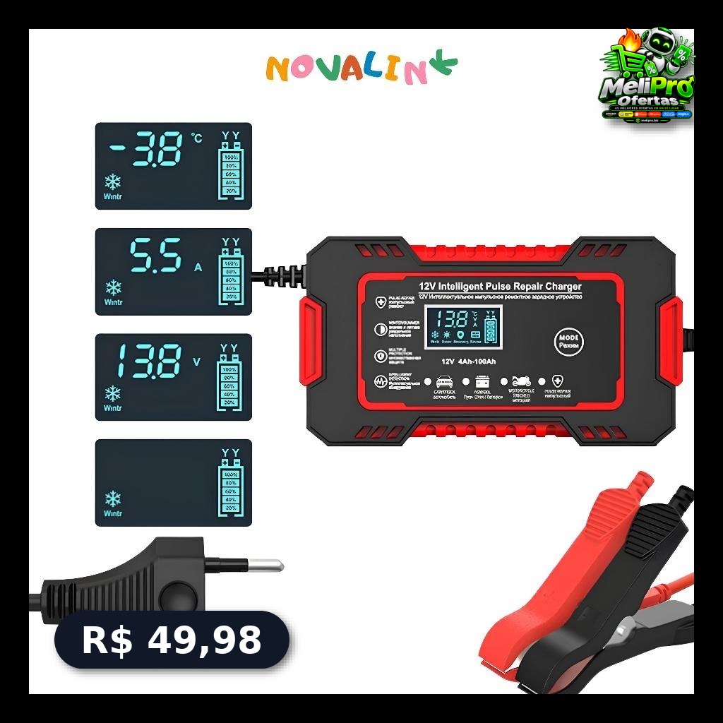 Carregador de bateria automotivo inteligente 12V com Display