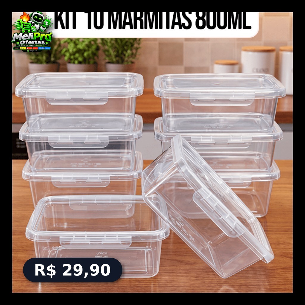 Kit 10 Marmitas Potes 800ml Travas Laterais hermeticas - Livres de BPA Alimentos organiza congelador - KAZIVA.