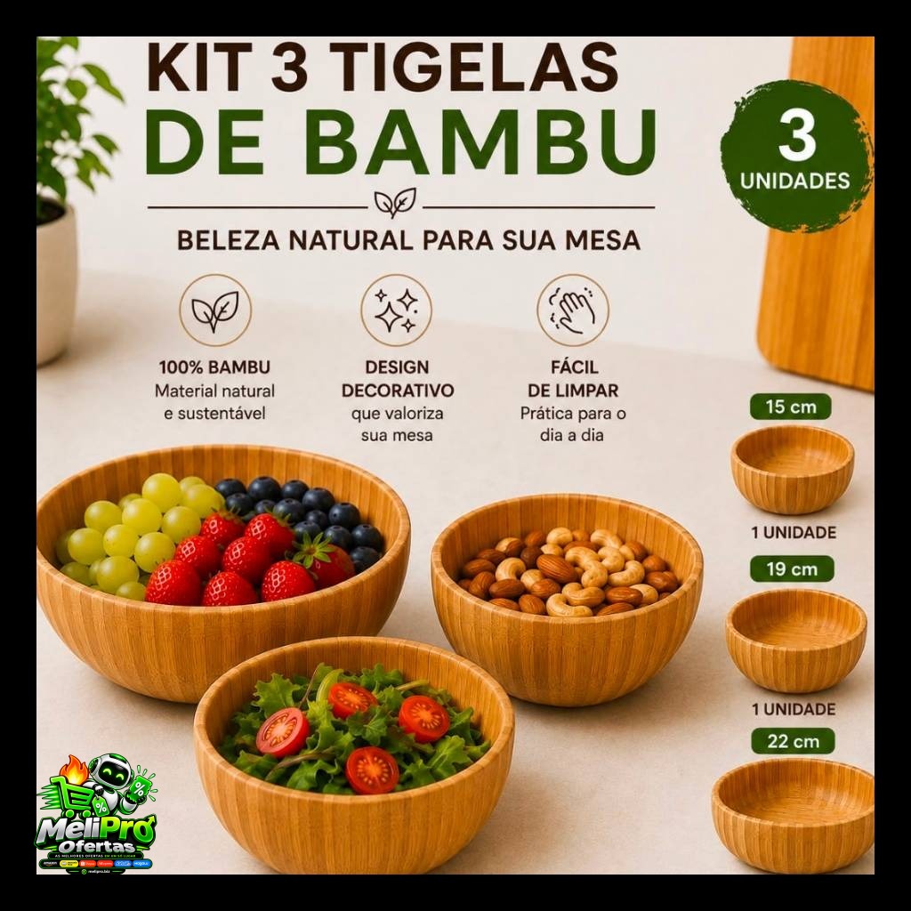 Kit 3 Bowl Tigela Saladeira Fruteira Pote Canelado Redondo Bambu 15cm-500ml 18cm-1000ml 22cm-1500ml