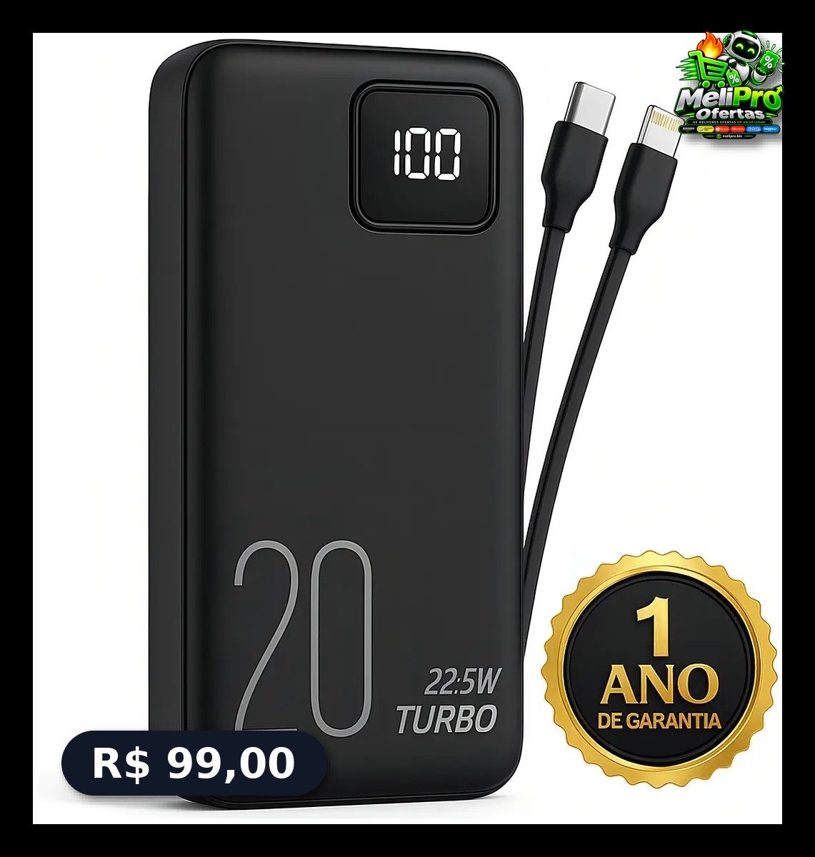 Carregador Portátil Power Bank Turbo 20000mah 22.5w universal para iphone samsung motorola xiaomi Com Display Digital DT