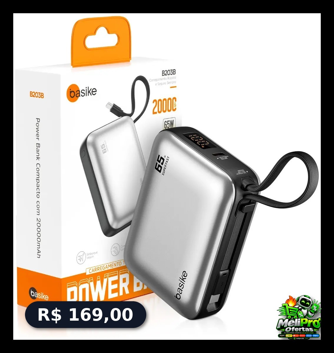 Power Bank Basike 20000mAh para Notebook e Celular com Cabo USB-C 65W