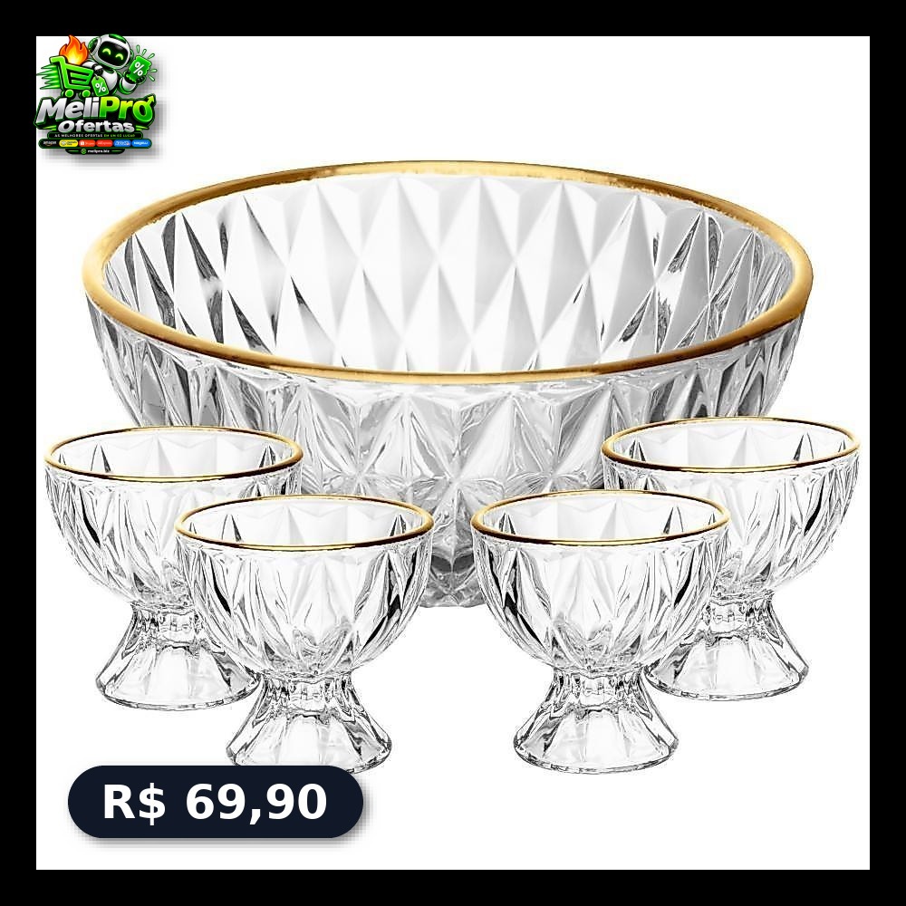 Conjunto 1 Bowl 1L e 4 Taças 120ml - Diamond Lyor