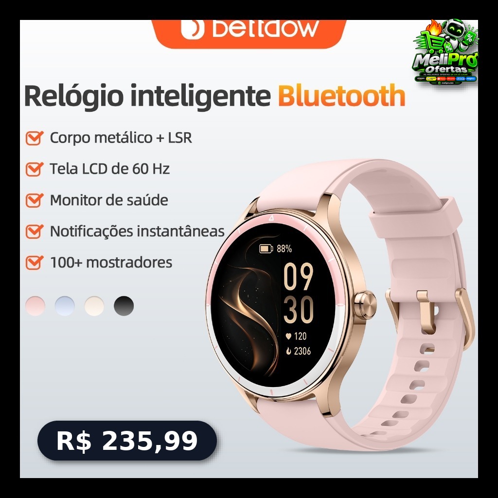 Smartwatch feminino BETTDOW: tela LCD de 1,27 polegadas,