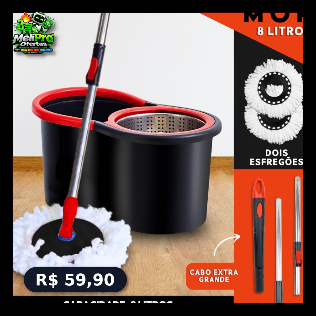 Mop Com Cabo de 140 cm 2 Refis Cesto Em Inox Balde Centrífuga 8 Litros - AV
