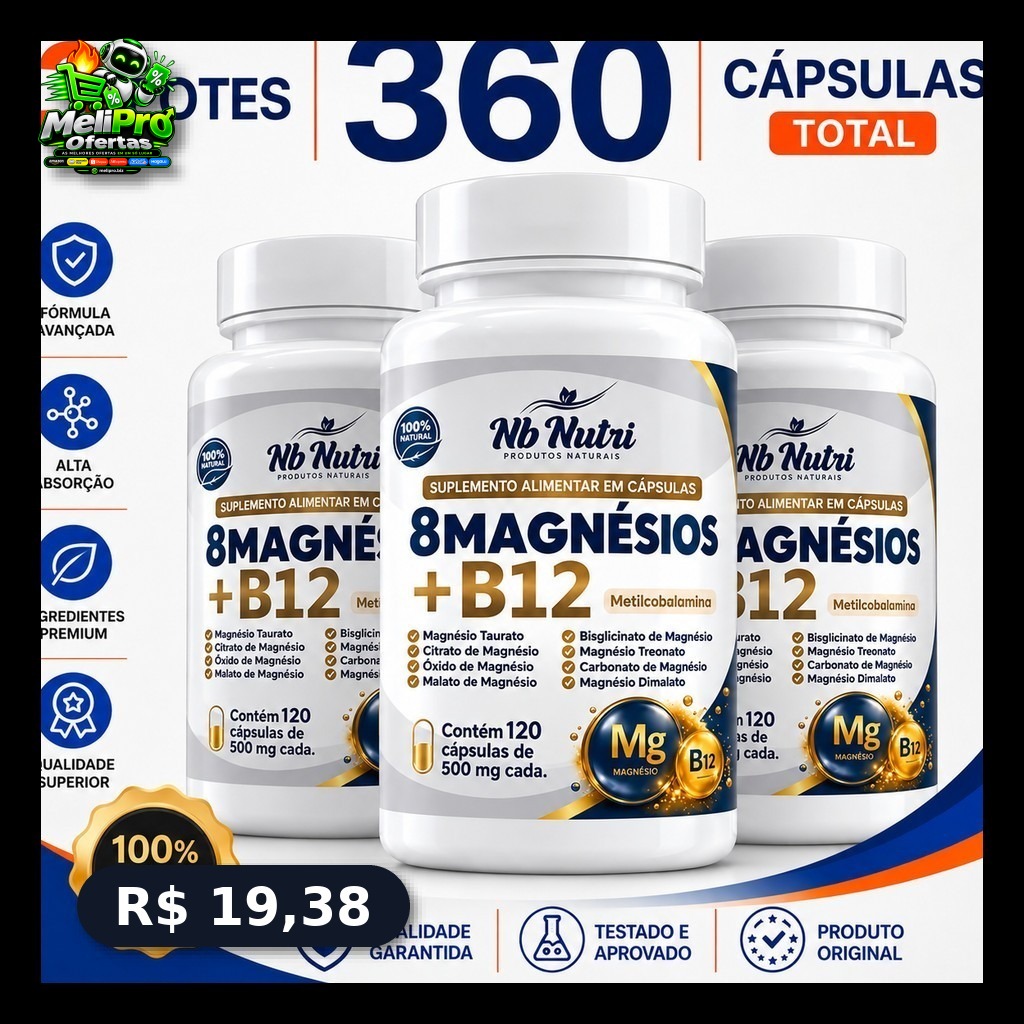 8 Magnésios + Vitamina B12 Metilcobalamina 500mg 120 Cápsulas.