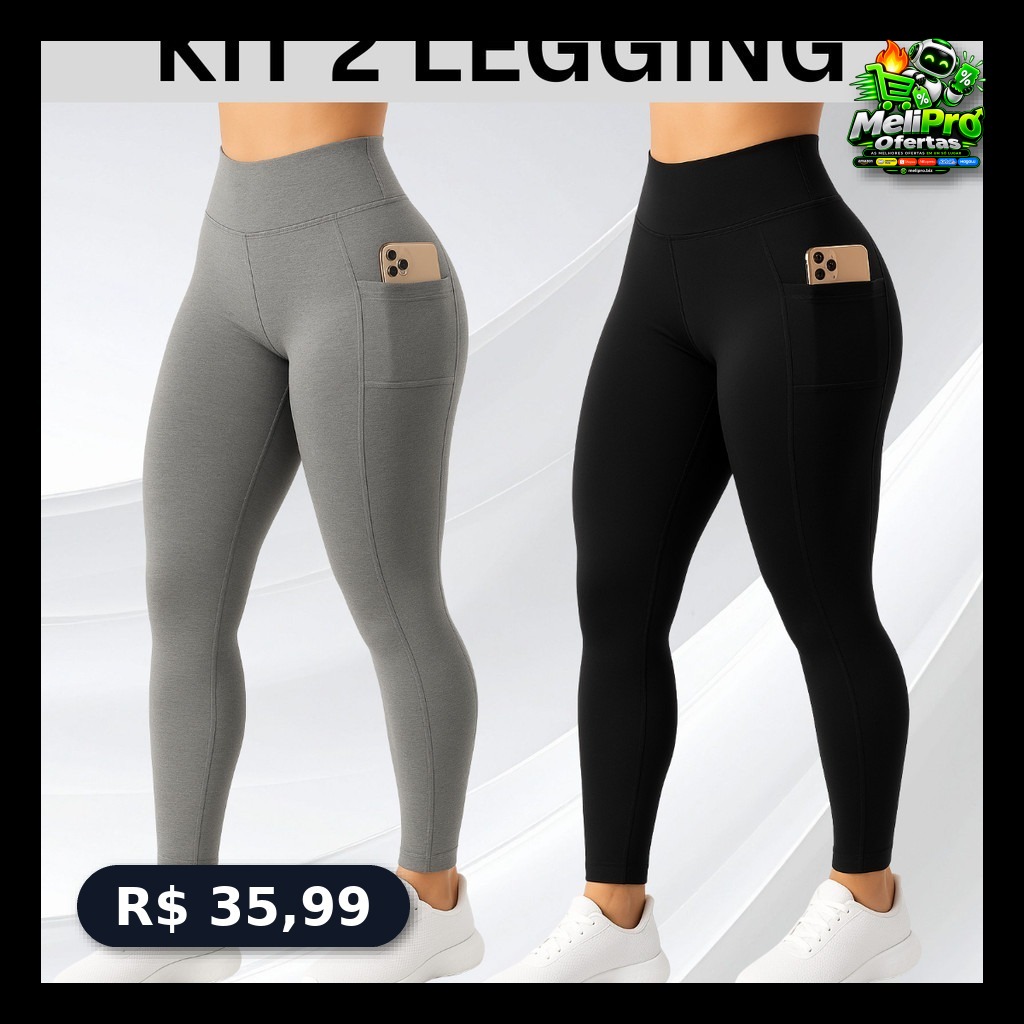 2 Calças Legging com Bolso Lateral Suplex Cós Alto Largo Academia Crossfit Verão Fitness.