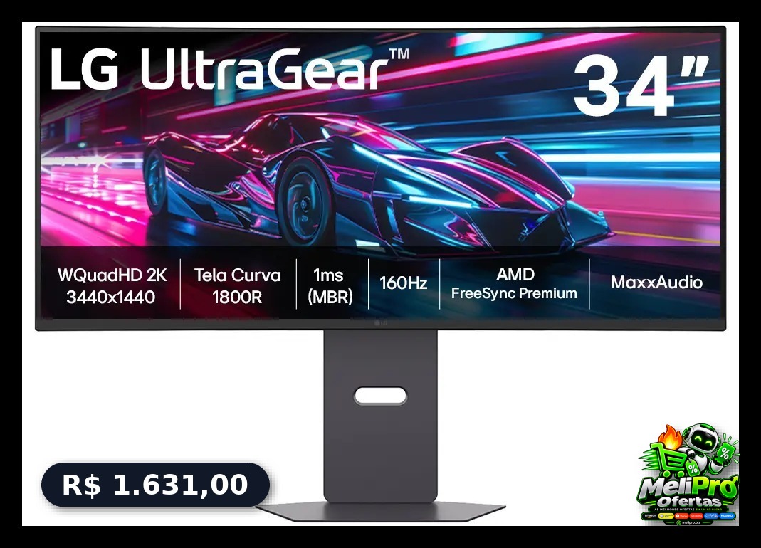 Monitor Gamer LG UltraGear Curvo 34"- QuadHD 2K, UltraWide 1800R, 160Hz, 1ms (MBR), AMD FreeSync Premium, HDR10, MaxxAud