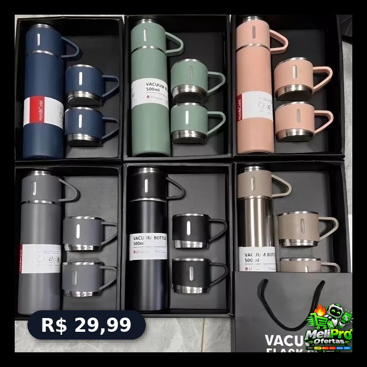 Kit Garrafa Térmica Vacuum Bottle Inox 500ml +