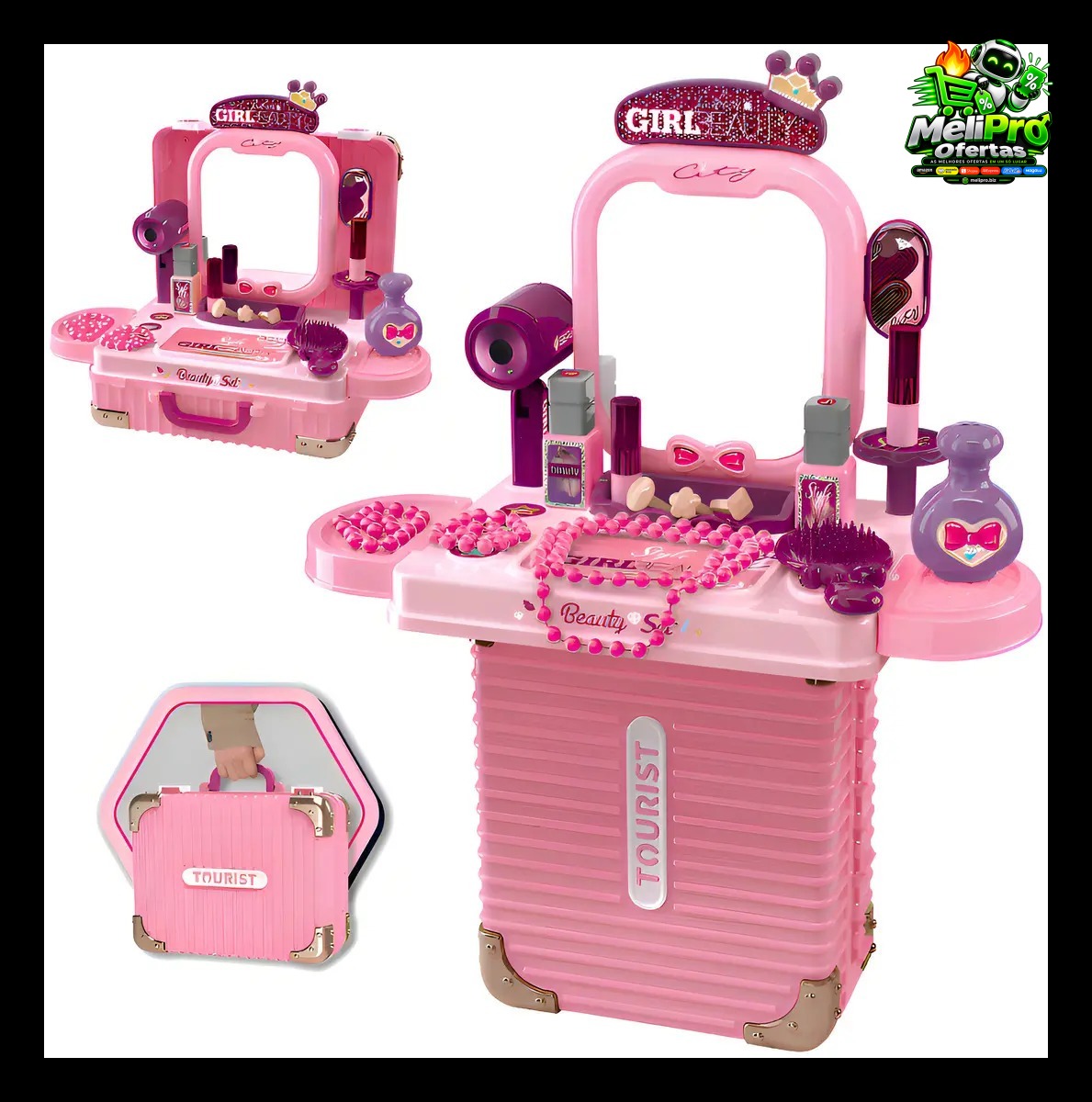 Bancada Penteadeira Infantil 3 Em 1 Maleta 21 Peça Maxi Toys