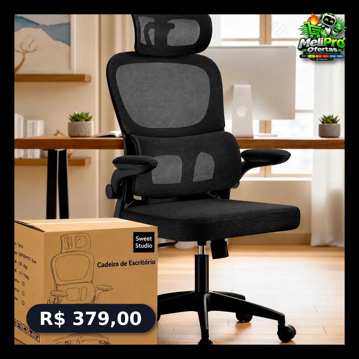 Cadeira de Escritório Sweet Studio Ergonômica Preta, com Apoio de Cabeça e Suporte Lombar