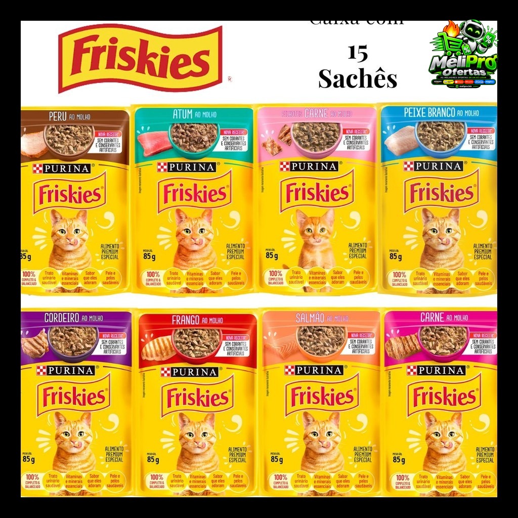 Kit 15 unid Sachê Friskies Alimento Úmido Gatos Carne Frango Atum Peixe Branco Cordeiro Salmão Peru