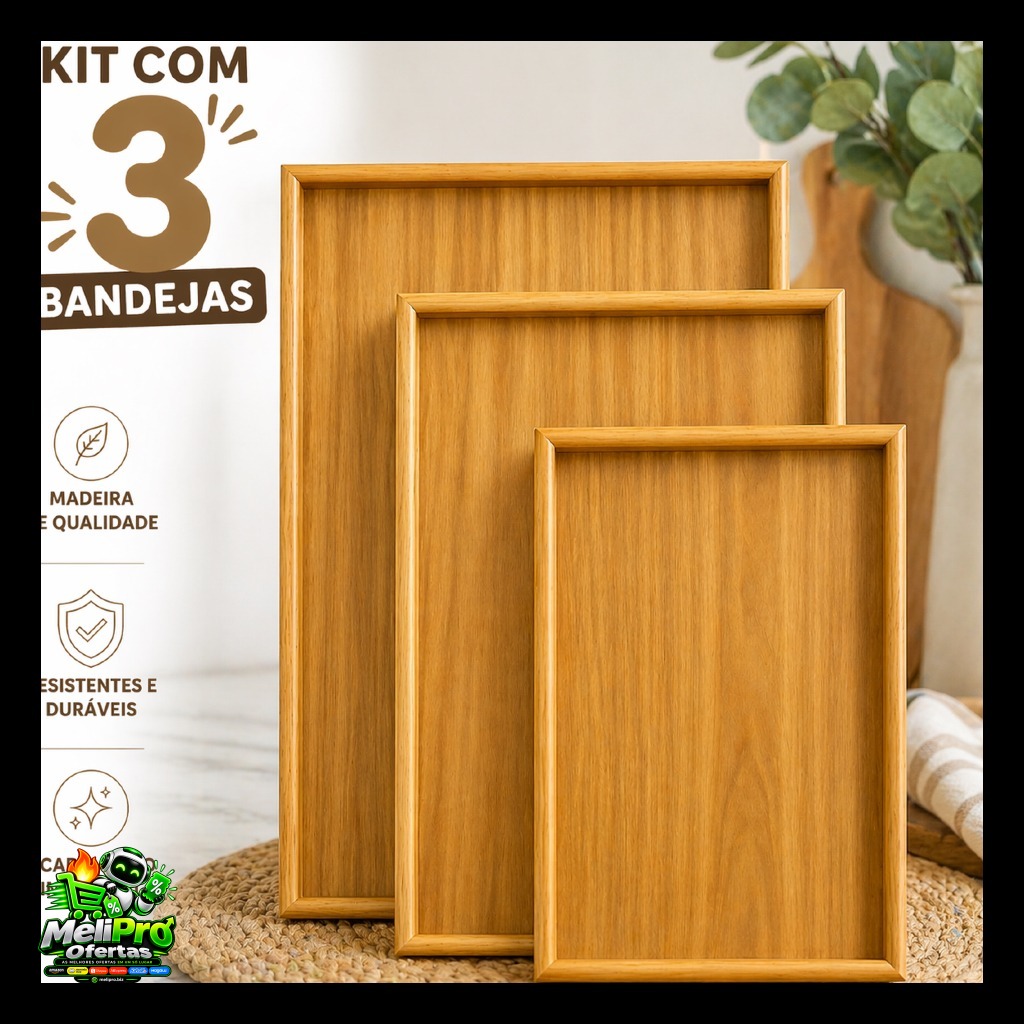 Kit 3 Bandejas De Bambu MDF Retangular Para Cozinha Servir Café da Manhã Decorar Conjunto Moderna e Elegante!