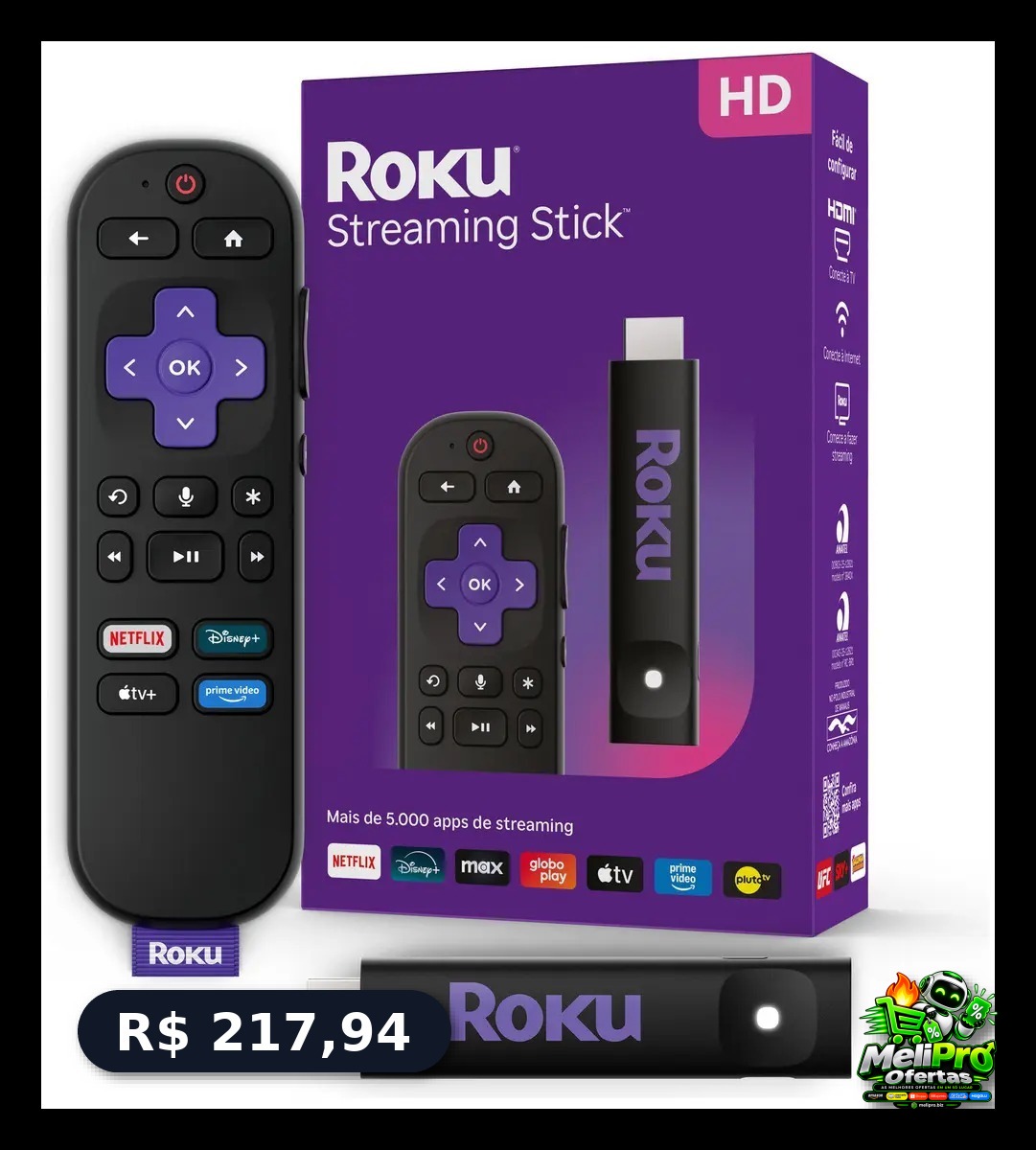 Roku Streaming Stick 2025 Para Tv Hd/fhd Controle Por Voz Preto De Voz 3ª geração 3840BR