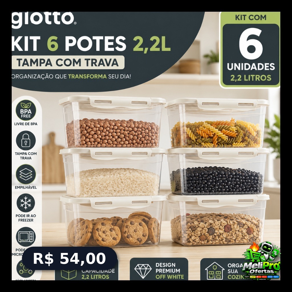Kit 6 Potes Com Tampa e Trava 2,2L