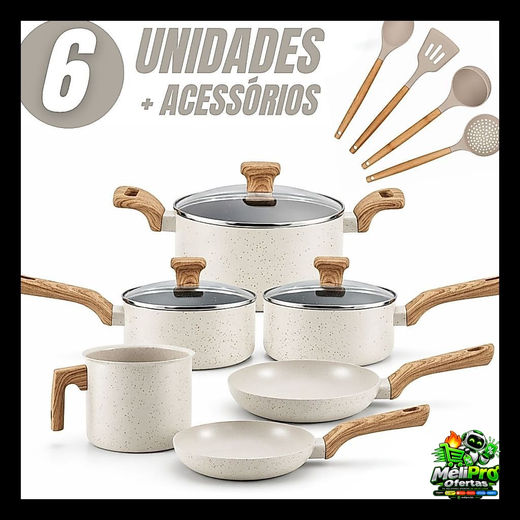 Jogo de Panelas 6 Peças Antiaderentes com Tampa de Vidro Temperada com 4 Utensílios de Cozinha