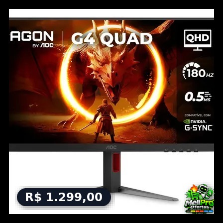 Monitor Gamer AOC AGON QUAD 27" QHD 180Hz 0,5ms IPS HDR10 Base Ajustável Q27G4F Preto