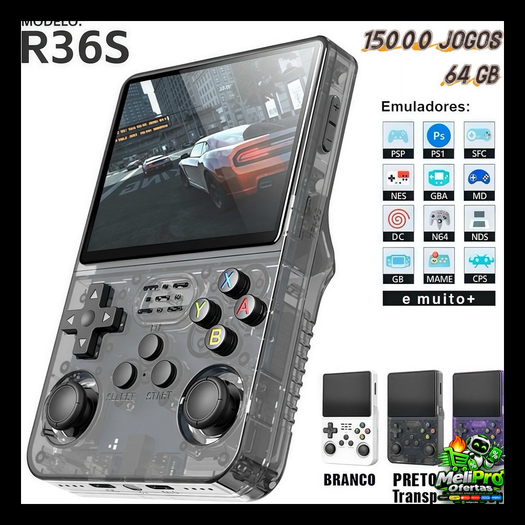 Console Portátil R36S + de 15.000 Jogos Vídeo Game 64g Linux Tela IPS 3.5 Polegadas