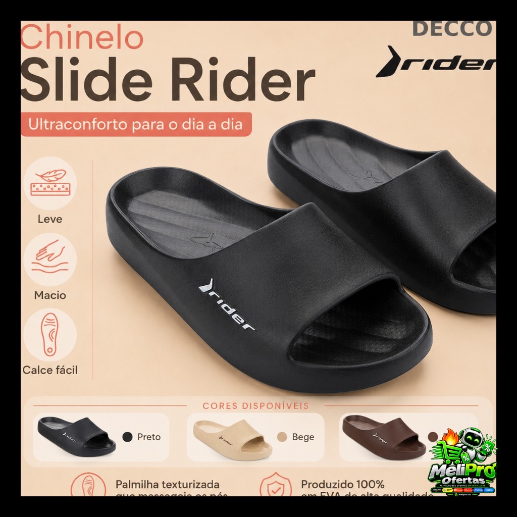 Chinelo Rider Slide Masculino ​EVA Macio Casual Confortavel Para Uso Diario Original