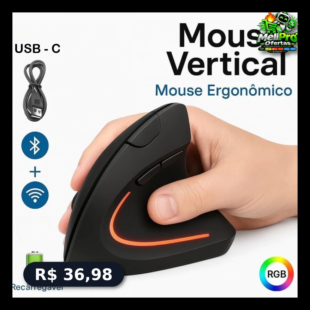 Mouse Vertical Ergonômico Sem Fio Recarregável USB Bluetooth
