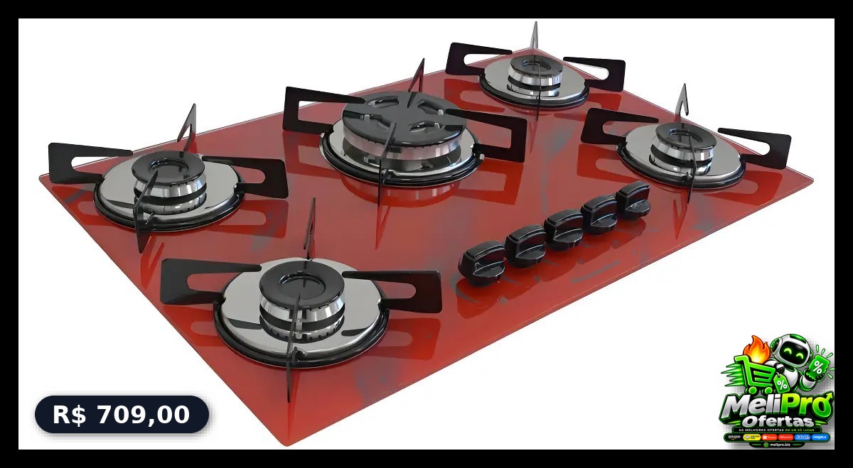 Cooktop 5 Bocas Tripla Chama - Marmorizado Vermelho