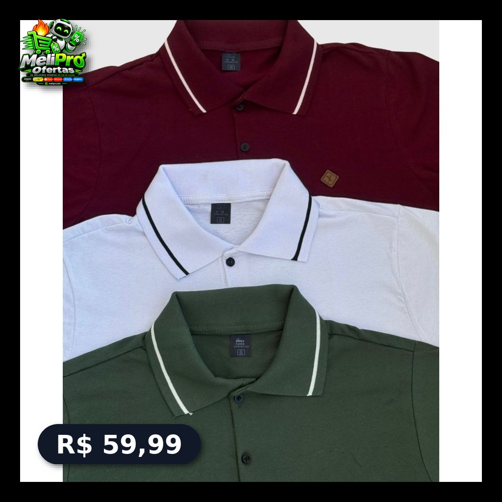 Kit 2 ou 3 Camisetas Gola Polo Masculina 100% Algodão