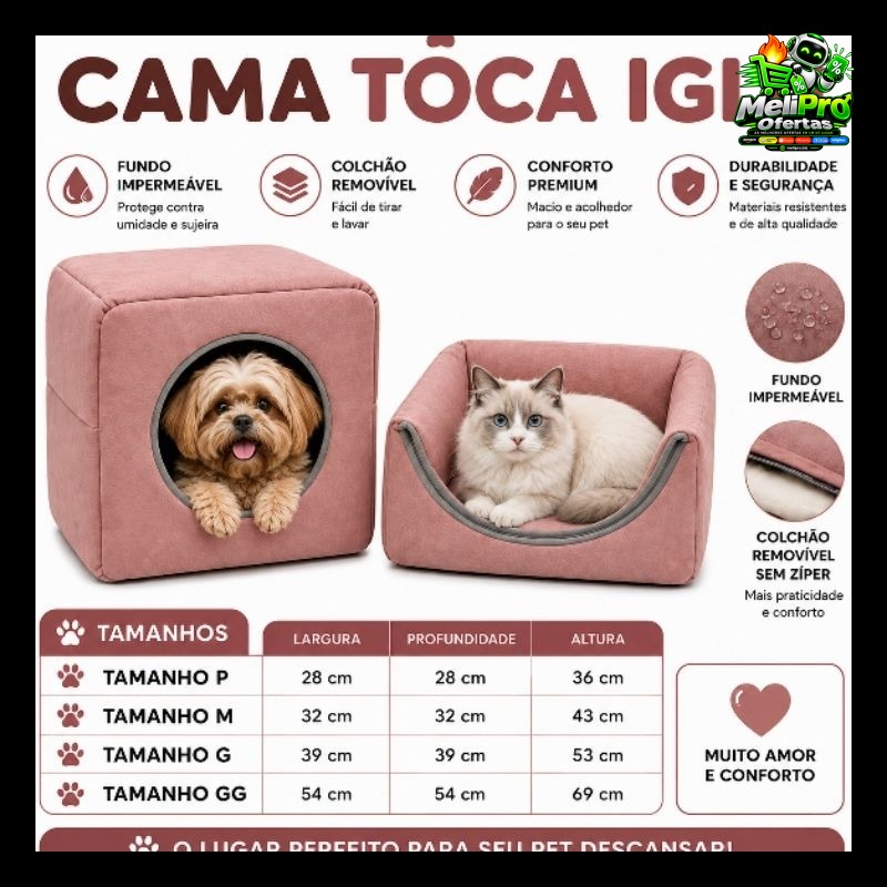 casinha cama toca lglu 3 em 1 para cães e gato tamanhos P,M,G, fundo impermeável almofada removível Premium