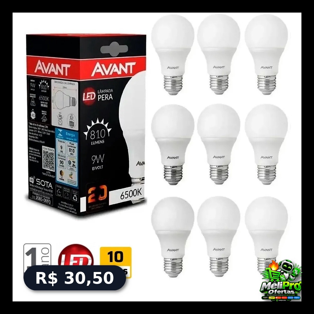 Kit 10 Lâmpadas LED 9W Bivolt Branco Frio 6500K Avant!