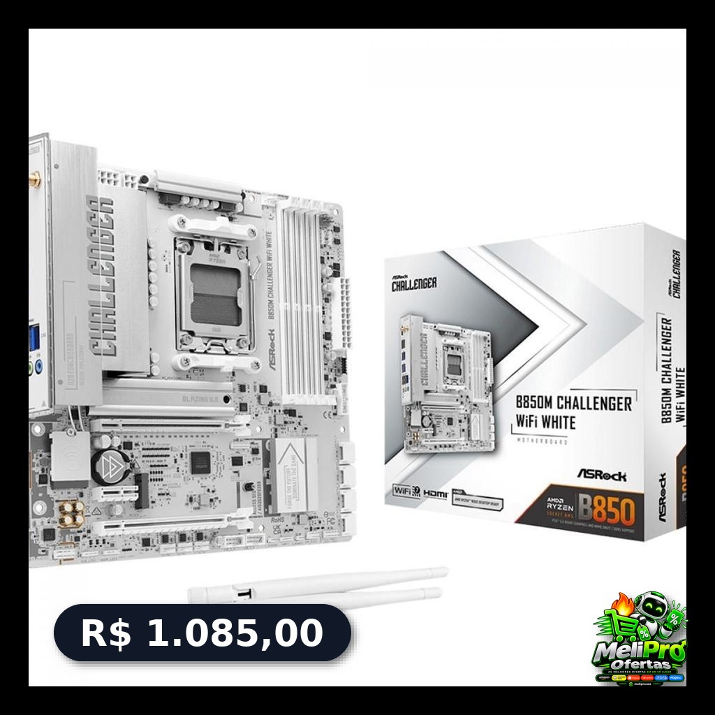 Placa Mãe ASRock B850M Challenger WiFi White, Chipset B850, AMD AM5, mATX, DDR5, Branco