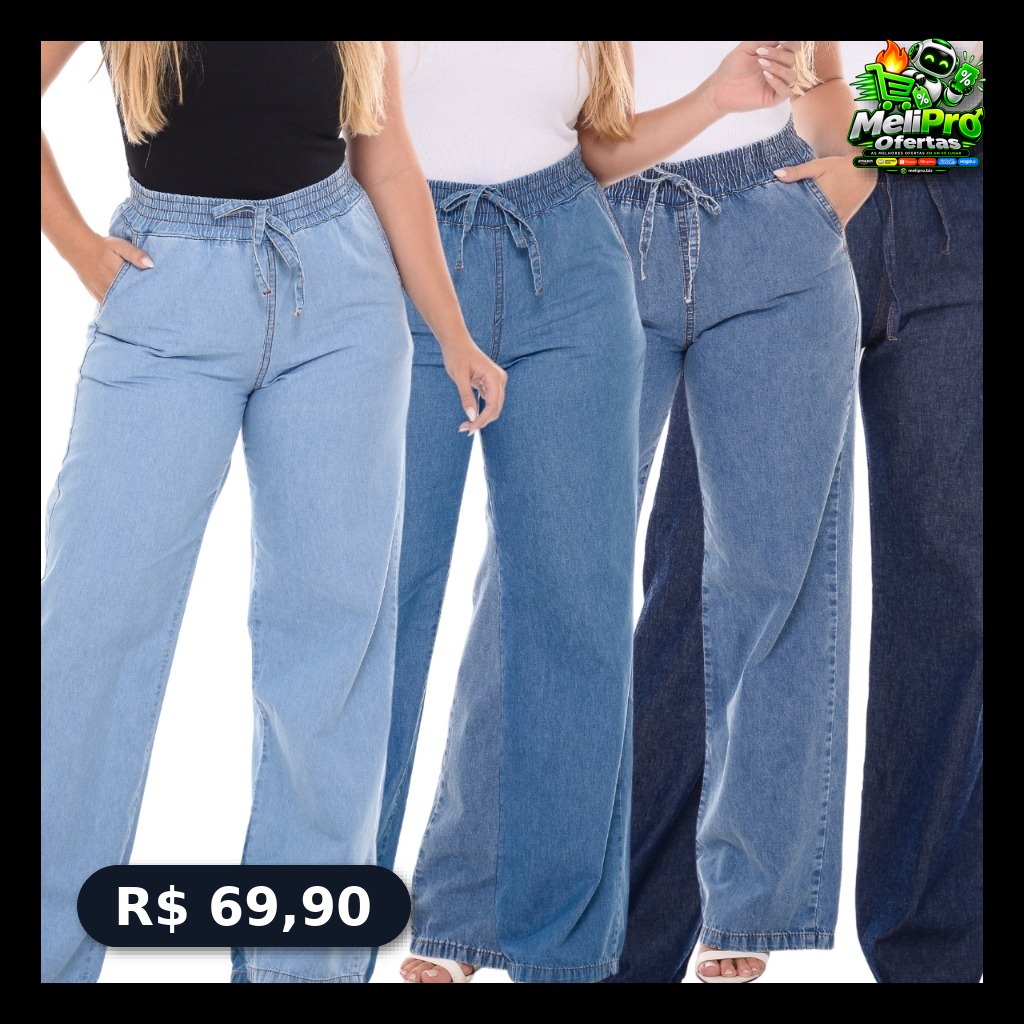 Calça Jeans Feminina Wide Leg Cintura Alta Pantalona