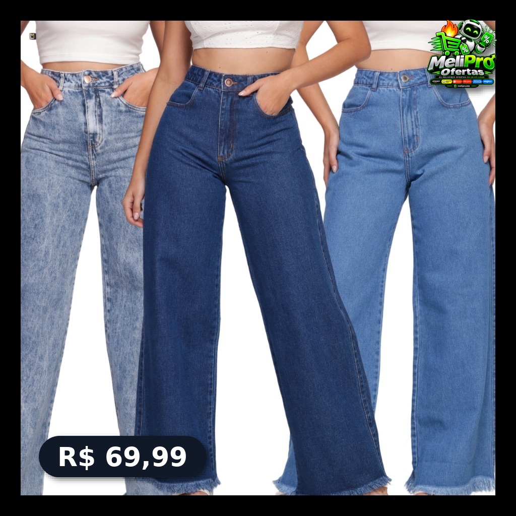 Calça Jeans Feminina Cintura Alta Wide Leg com Bolso