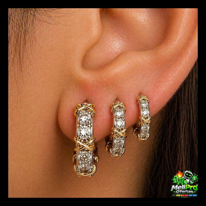 Kit Trio Brincos Argolinha Luxo Cravejado 3 Cores Feminino