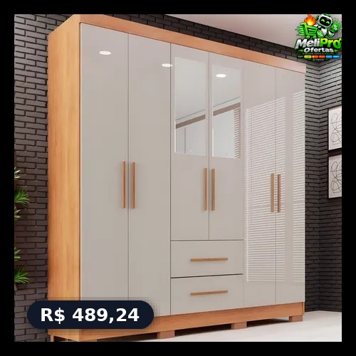 Guarda-roupa Casal com Espelho 6 Portas 2 Gavetas Sallêto Cinamomo/Off White